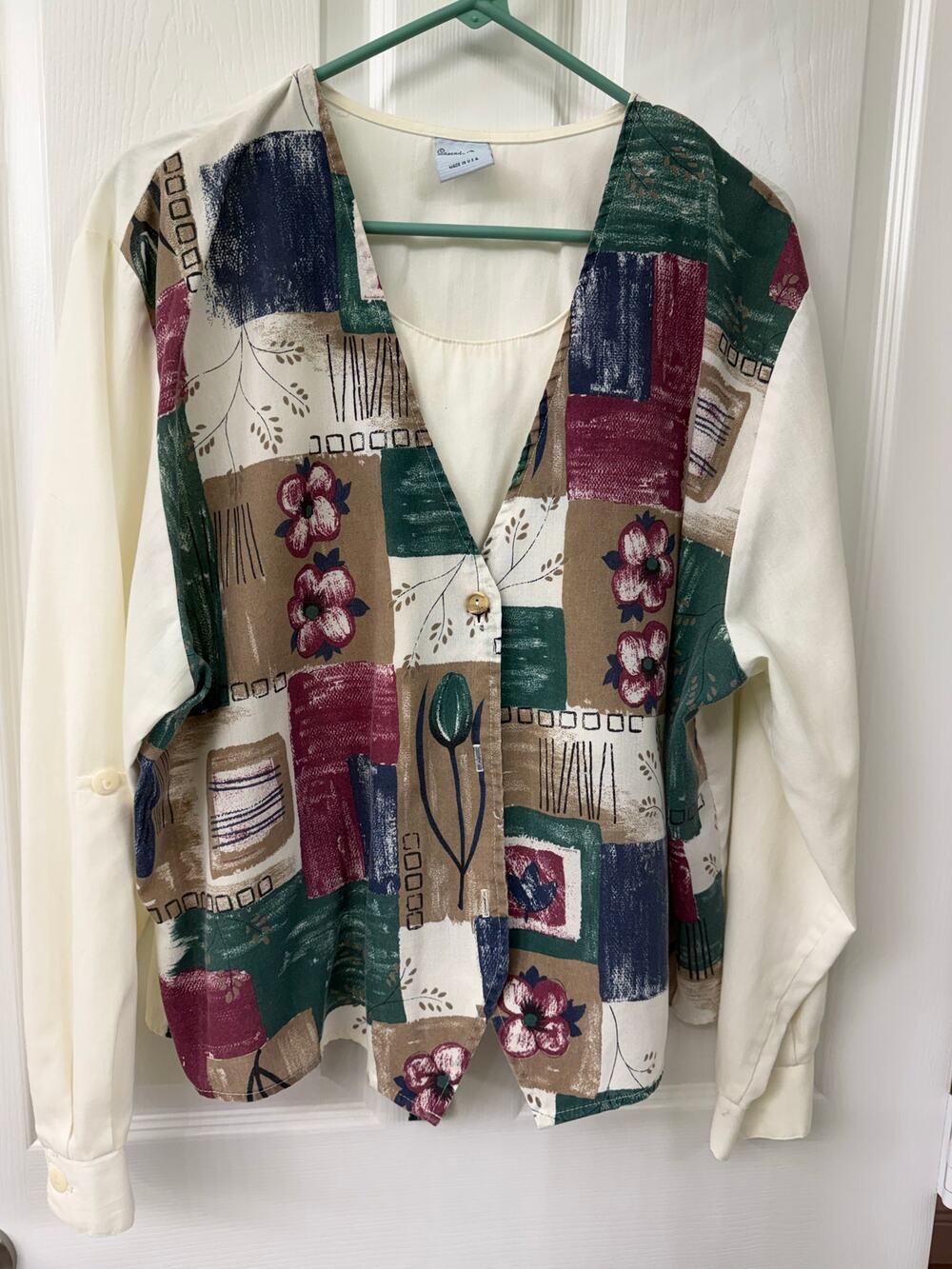 Vtg Cascade Blues Women's Long Sleeve Blouse 1X Faux Vest Layered Necklace USA